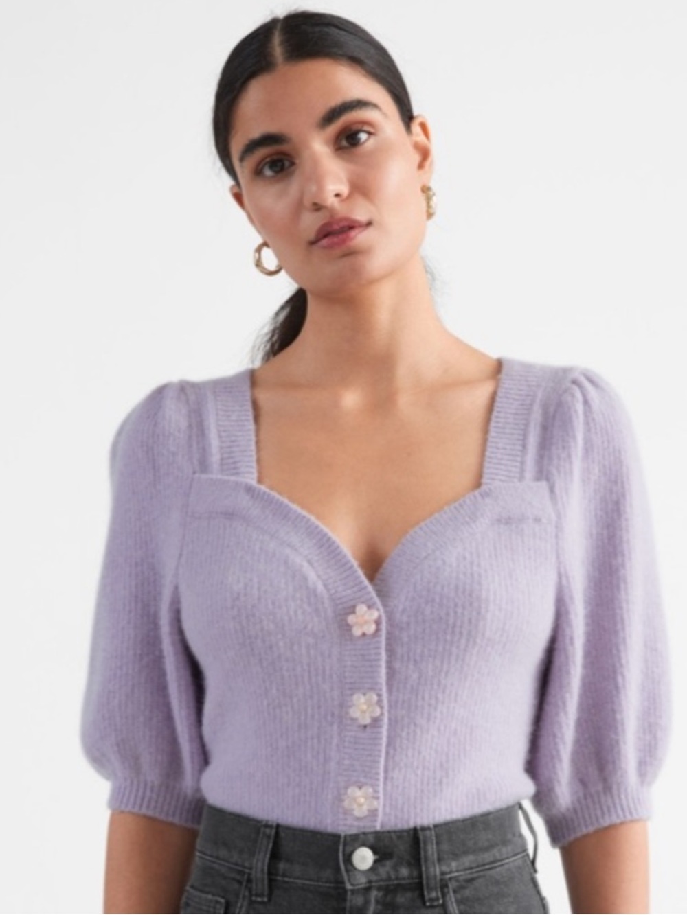 & Other Stories Lilac Knit Puff-Sleeve Cardigan
